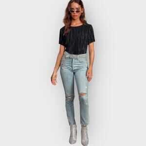 Lulus Albright XS Black Satin Pleated Top Short Sleeve Cropped Blouse Minimalist